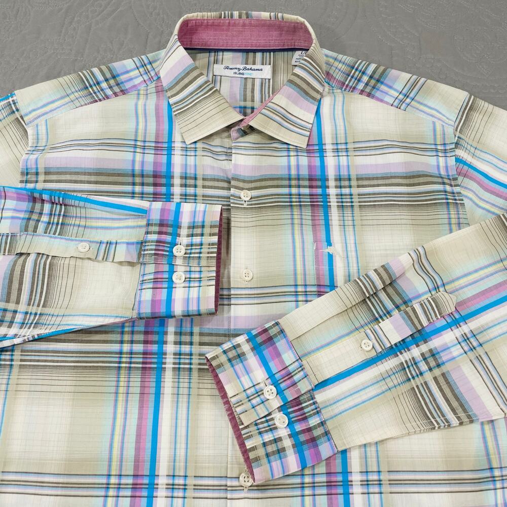 Tommy Bahama Button Shirt Mens Large Island Zone Plaid Cream Blue Relaxed
